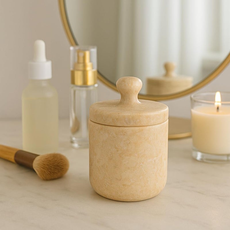 Creative Home Natural Champagne Marble Notch Collection Cotton Ball, Swab Holder Bathroom Storage Jar Container Organizer, 3.5" Diam. x 3.8" H, Beige - Image 2